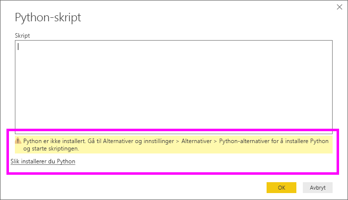 Skjermbilde av en advarsel om at Python ikke er installert.