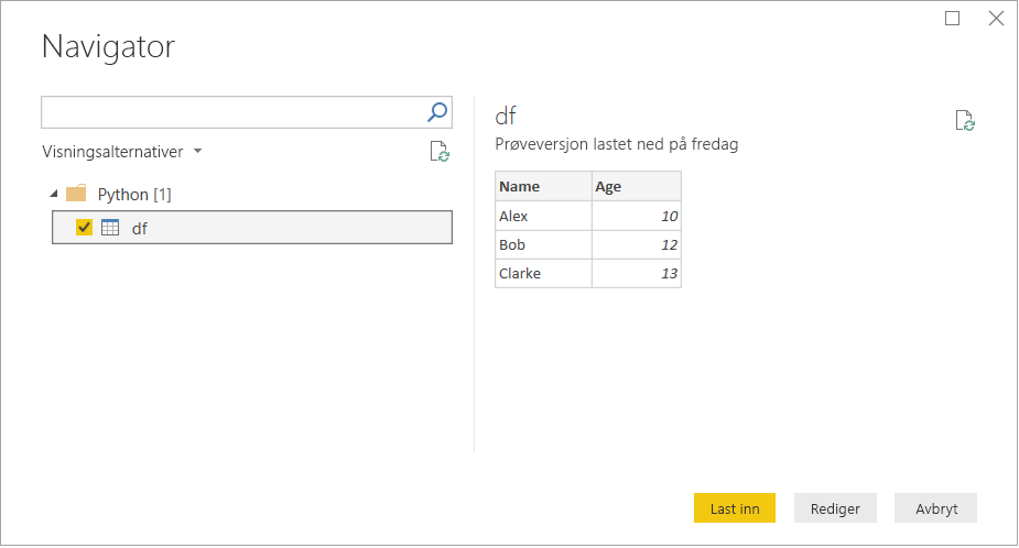 Skjermbilde av Navigator-vinduet som viser data som skal lastes inn og brukes.