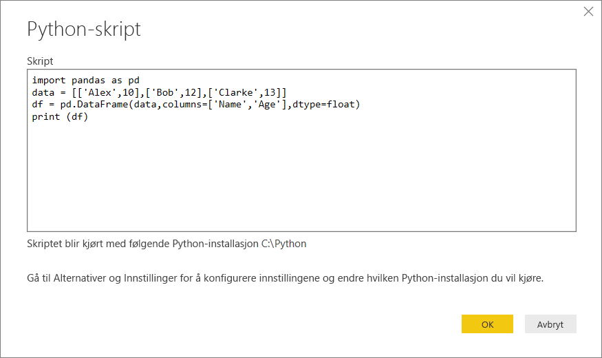 Skjermbilde som viser innliming av python-eksempelskriptet i dialogboksen Python-skript.