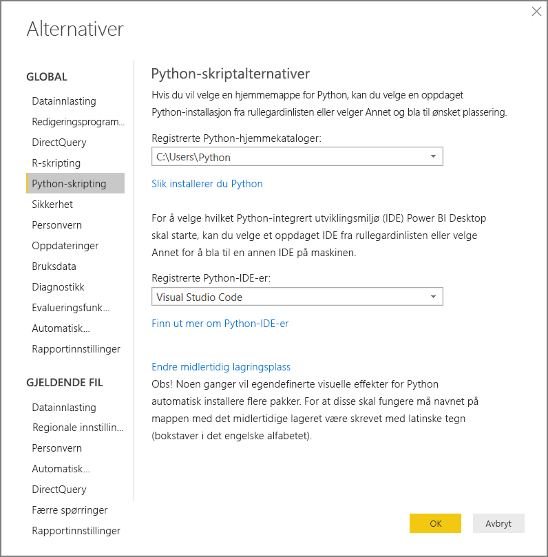 Skjermbilde som viser Python-skriptalternativene for Power BI Desktop.