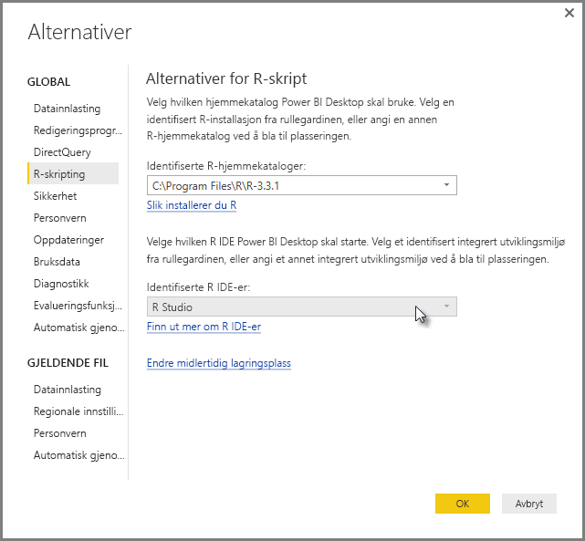 Screenshot of the Options dialog, showing R Studio is entered in the Detected R I D E field.