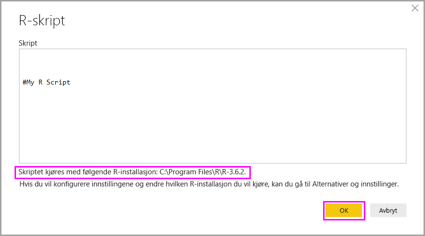 Screenshot shows the R script dialog in Power BI Desktop with R installation information highlighted.