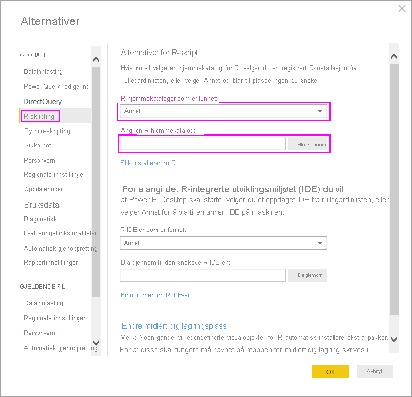 Screenshot of the Options dialog showing R script options with Set an R home directory highlighted.