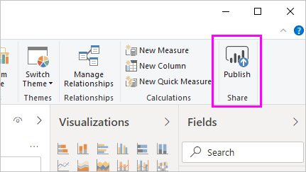 Skjermbilde som viser Publiser-knappen i Power BI Desktop.