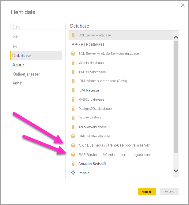 Skjermbilde som viser Hent data-alternativene for SAP.