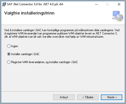 Skjermbilde av de valgfrie konfigurasjonstrinnene for SAP med Installer samlinger til GAC valgt.