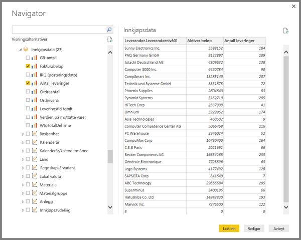 Skjermbilde av en FORHÅNDSVISNING av SAP-tabell i Navigator-skjermen.