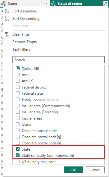 Skjermbilde av Power Query-redigering som viser et kolonnefilter med bare statusverdien valgt.