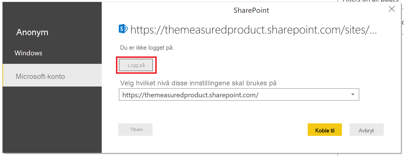 skjermbilde som viser påloggingsknappen for å få tilgang til SharePoint.