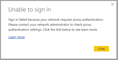 Screenshot shows a dialog about a sign-in error for proxy authentication error.