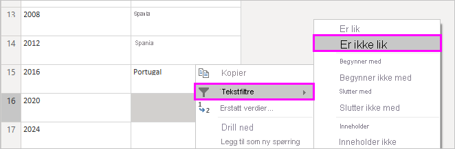 Skjermbilde som viser en hurtigmeny med Tekstfiltre og Ikke lik valgt.