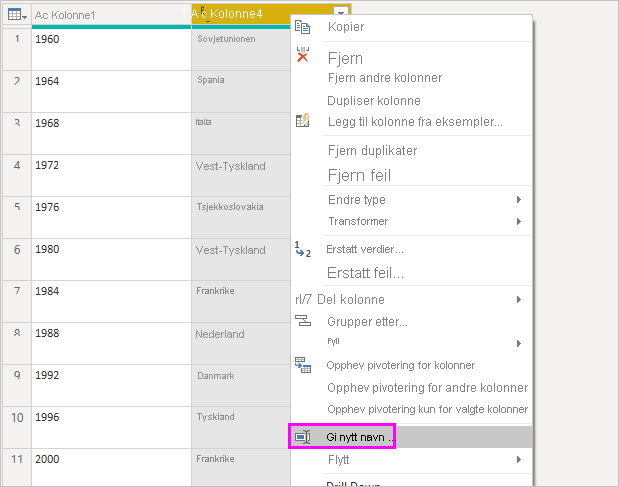 Skjermbilde som viser alternativet Gi nytt navn valgt fra hurtigmenyen for en kolonne.