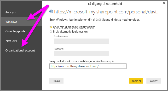 Screenshot of the Power BI Desktop credential prompt, showing Windows or Organizational account selection.