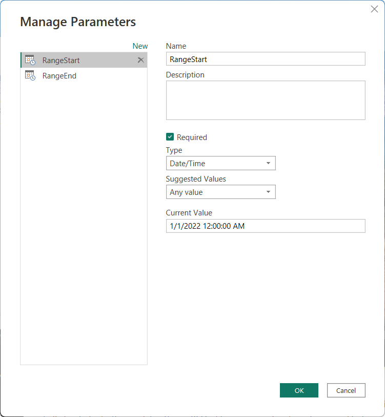 Skjermbilde av dialogboksen Behandle parametere som viser RangeStart- og RangeEnd-parameterne.