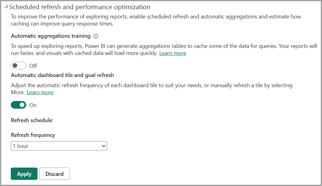 Skjermbilde av alternativer for tidsplan for oppdatering.