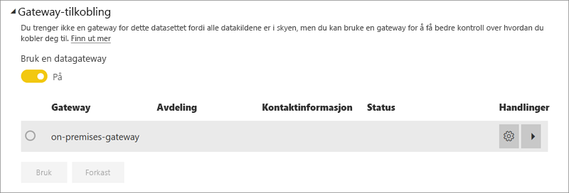 Skjermbilde av dialogboksen gatewaytilkobling for Power Bi-tjeneste.