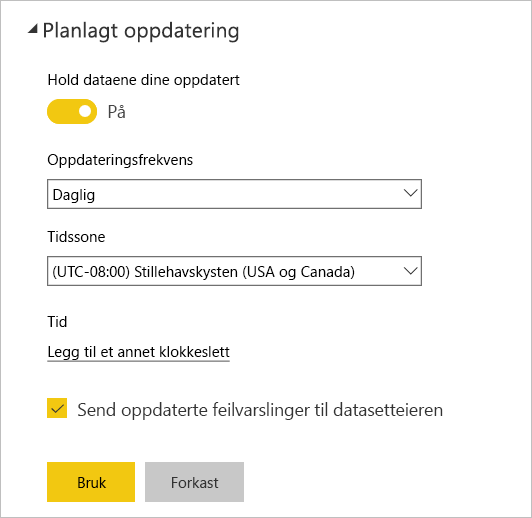 Skjermbilde av dialogboksen planlagt oppdatering for Power Bi-tjeneste.