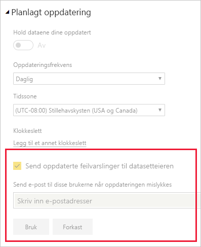 Skjermbilde av inndelingen i innstillingene for semantisk modell for å endre oppdateringsvarsler for e-post i Power BI.