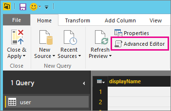 Screenshot shows the Advance editor option of Power Query Editor.
