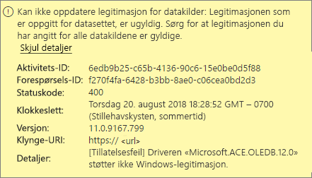 Skjermbilde som viser en feilmelding om legitimasjon for datakilde.