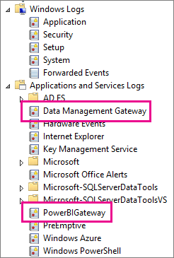 Skjermbilde som viser dataadministrasjon gateway- og PowerBIGateway-logger i katalogen programmer og tjenestelogger.