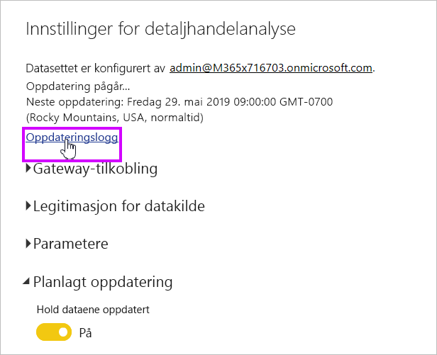 Skjermbilde som viser koblingen Oppdater logg for semantiske modeller for å velge.