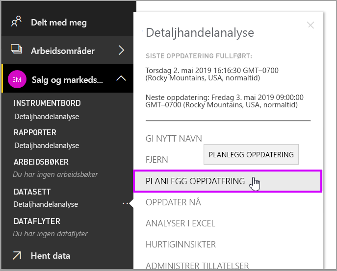 Skjermbilde som viser hvordan du velger Planlegg oppdatering fra navigasjonsruten.