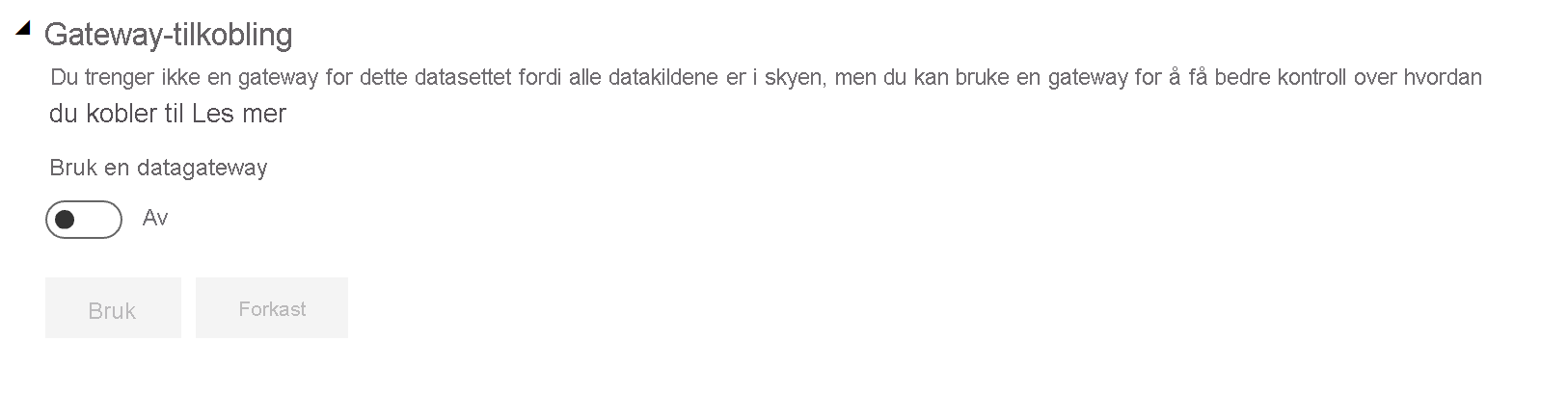 Skjermbilde av tilkoblingsinnstillingene for den utvidede gatewayen med veksleknappen satt til av.