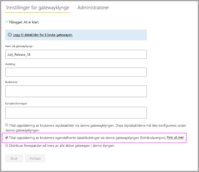 Screenshot that shows enabling custom connectors on the on-premises gateway Settings page.