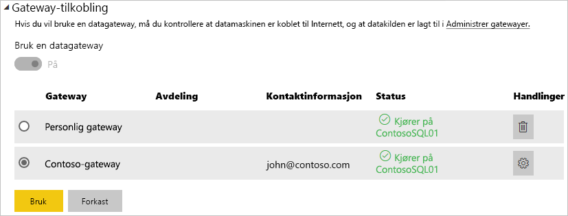 Skjermbilde av hvordan du oppretter gateway-tilkobling.