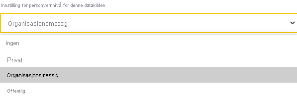 Skjermbilde av valgene for personvernnivå for datakilder.