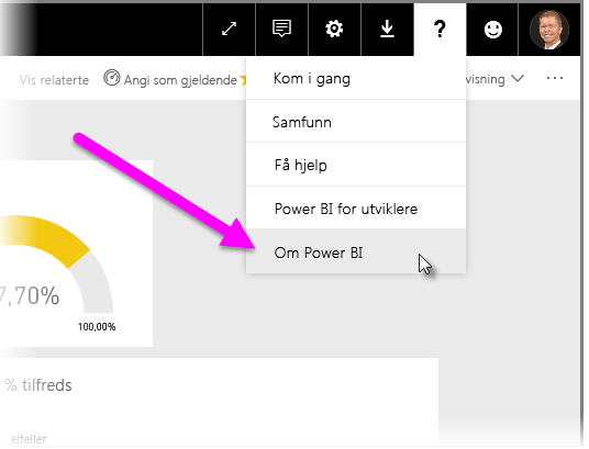 Skjermbilde som viser spørsmålstegnet der du kan bestemme plasseringen for Power BI-tenanten.