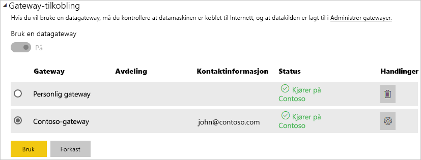 Screenshot that shows the gateway connection settings.