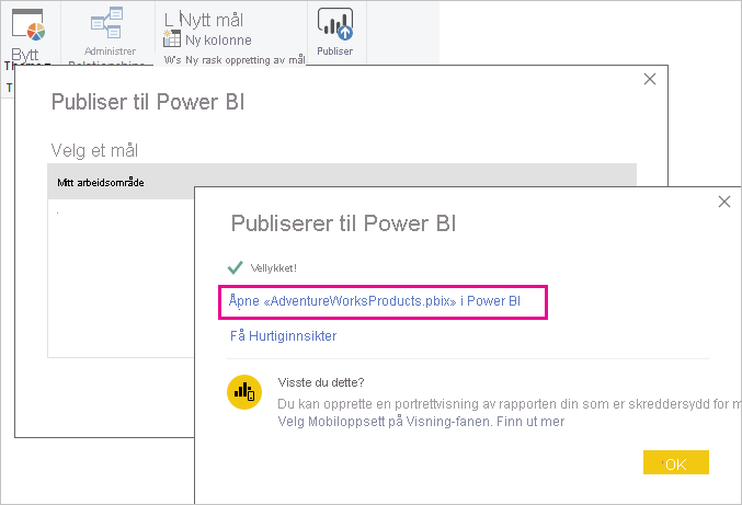 Skjermbilde av skjermbildet Publiser til Power BI.