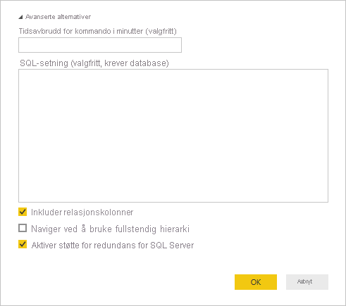 Skjermbilde av avanserte alternativer for SQL Server