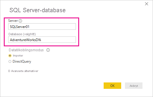 Skjermbilde av dialogboksen SQL Server-database.