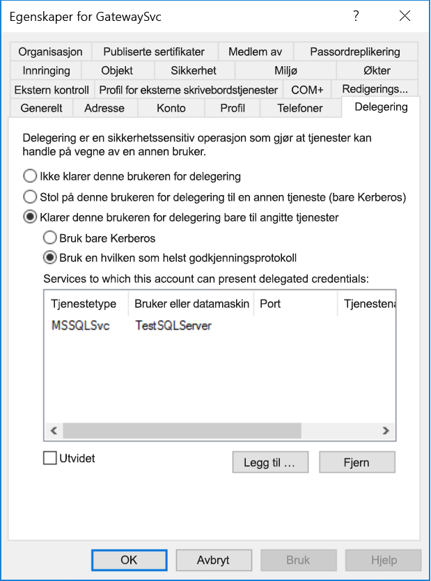 Dialogboksen Egenskaper for gateway-Koble til or