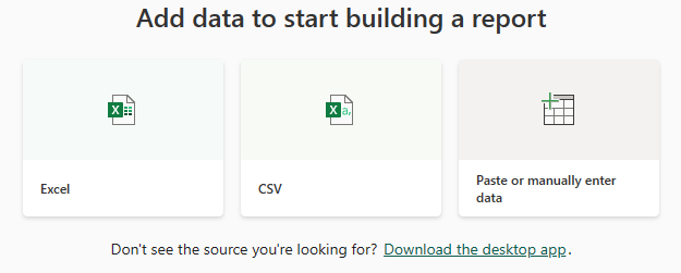 Skjermbilde som viser valgene under Legg til data for å begynne å bygge en rapport.