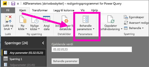 Screenshot of Power Query Editor Home tab showing Manage Parameters option in Power BI Desktop.