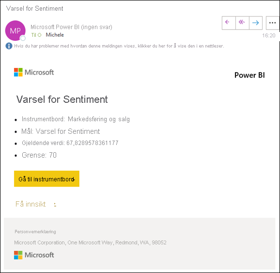 Skjermbilde som viser en e-postmelding for Varsel for sentimentvarsel. En kobling i meldingen er merket Gå til instrumentbord.