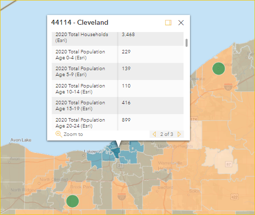 Skjermbilde av et verktøytips for Cleveland, OH, som viser total befolkningsfordeling med fem års intervaller.