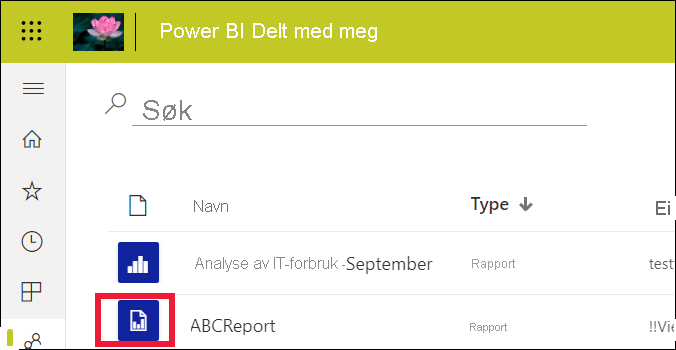 Skjermbilde som viser rapportlisten med én standardrapport og én paginert rapport.