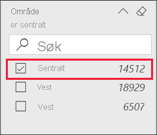 Skjermbilde av Område-filteret utvidet, og alternativet Sentralt er valgt.
