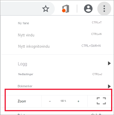Et skjermbilde som viser zoomkontrollene i nettleseren.