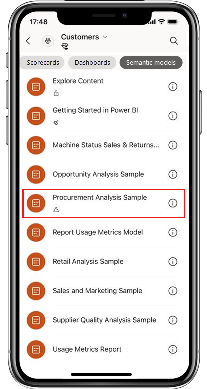 Screenshot of semantic model list page in the Power BI mobile app.