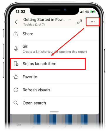 Skjermbilde av alternativet Angi som startelement i Power BI-mobilappene.