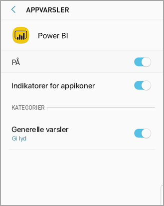 Skjermbilde viser en Android-telefonskjerm med tittelen Power B I der du kan tillate og administrere varsler.