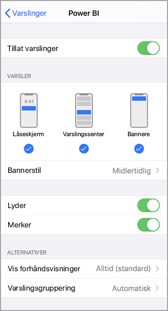 Skjermbilde viser en iPhone-skjerm med tittelen Power B I der du kan tillate og administrere varsler.