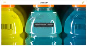 Skjermbilde av en skanning av produktstrekkode, som viser skanneren over strekkoden til en farget drikke.