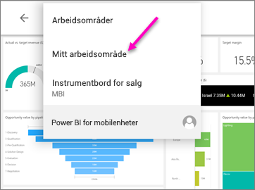 Skjermbilde som viser brødsmulemenyen på et Android-nettbrett med Mitt arbeidsområde fremhevet.